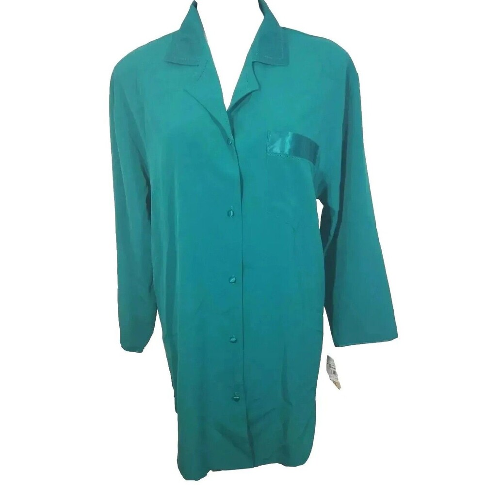 Delicates Womens Green Long Sleeve Poly Satin Long Pajama Top Size Small NEW